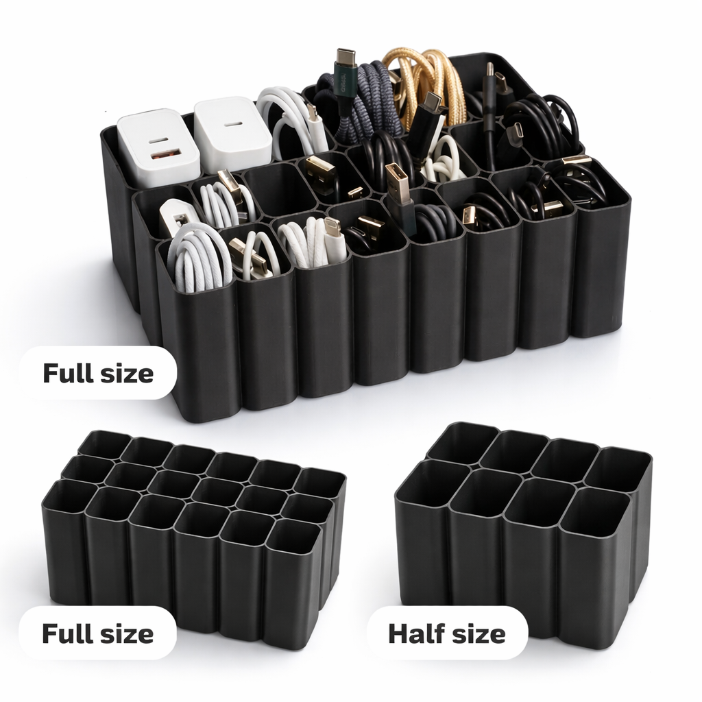 Black cable organizer with compartments filled with electronic cords and chargers, shown in full size and half size.