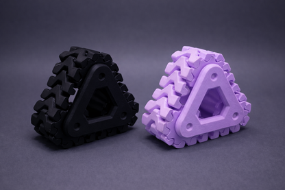 Black and purple triangular foam rollers on a gray background