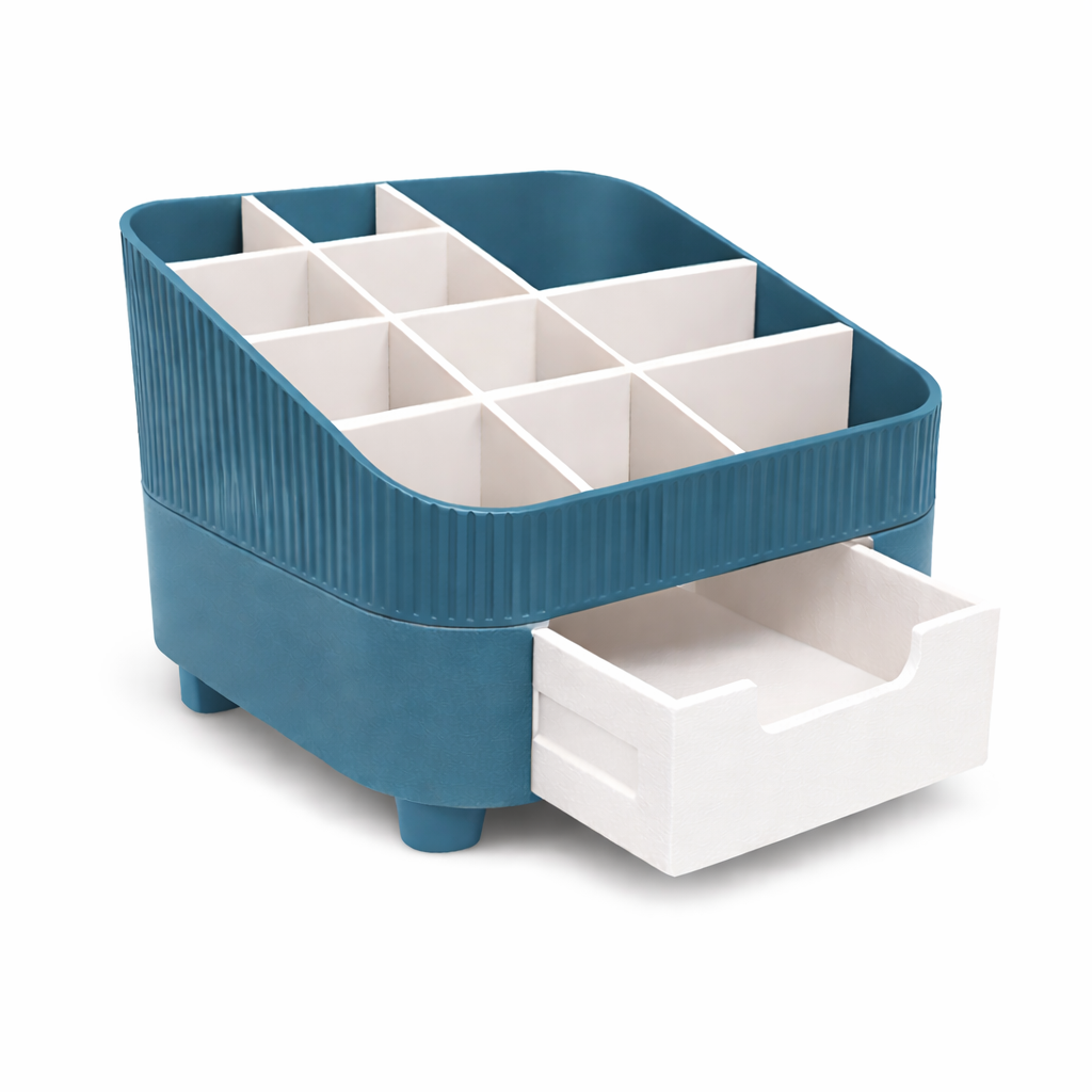Blue and white storage organizer with multiple compartments on a white background