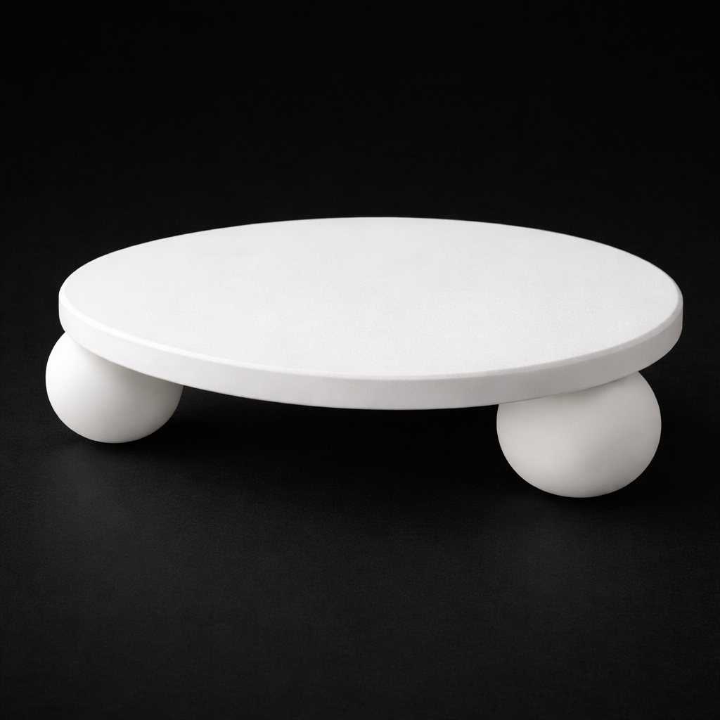 White round table with spherical legs on a black background