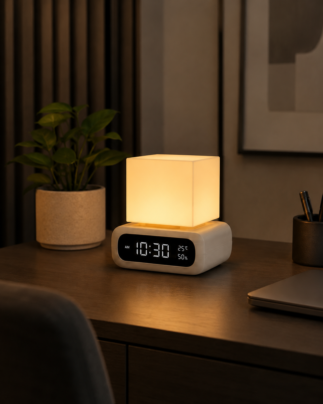 A modern digital alarm clock lamp with a glowing warm white cube light on top of a white base, placed on a wooden desk in a dimly lit room next to a potted plant.