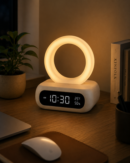 A modern digital alarm clock with a glowing circular ring light on top, placed on a wooden desk next to a plant, mouse, and books.
