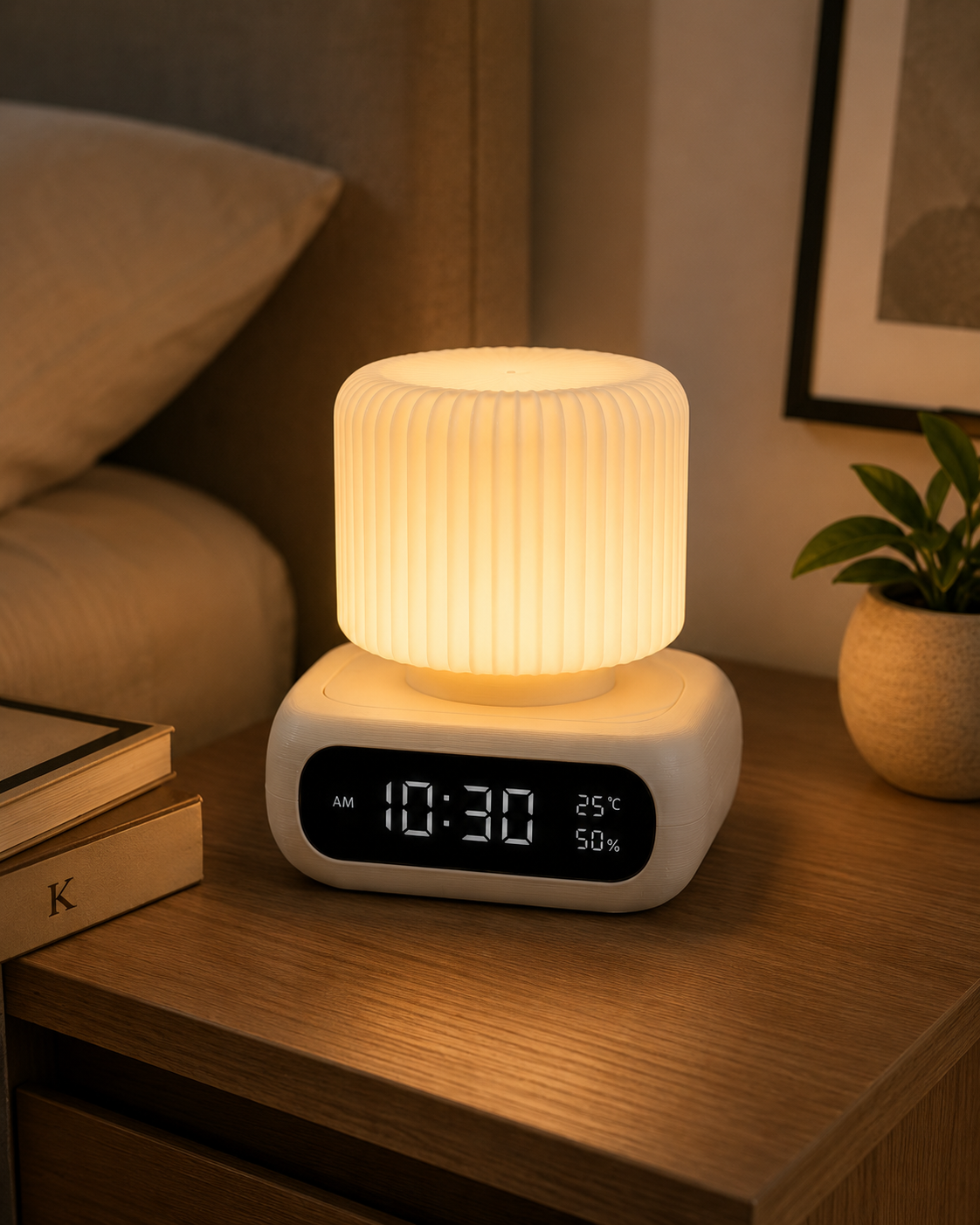 A modern digital alarm clock lamp with a ribbed cylindrical glowing lampshade and a white base, placed on a wooden bedside table in a cozy bedroom setting.