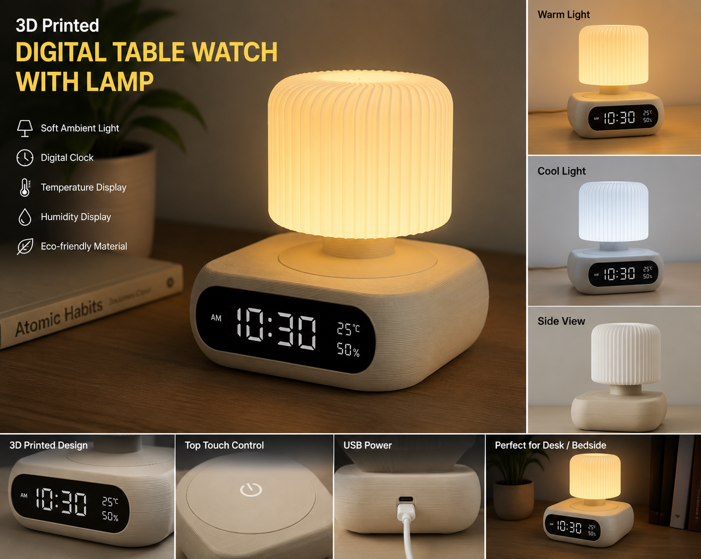 A 3D printed digital table watch with an integrated lamp, shown in a collage layout with feature callouts, including warm and cool light modes, side view, and close-up detail shots.