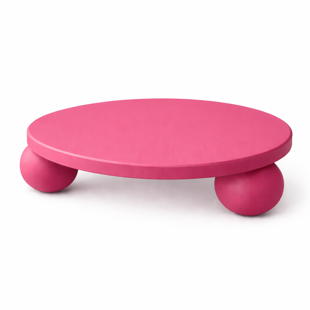 Pink round table with spherical legs on a white background