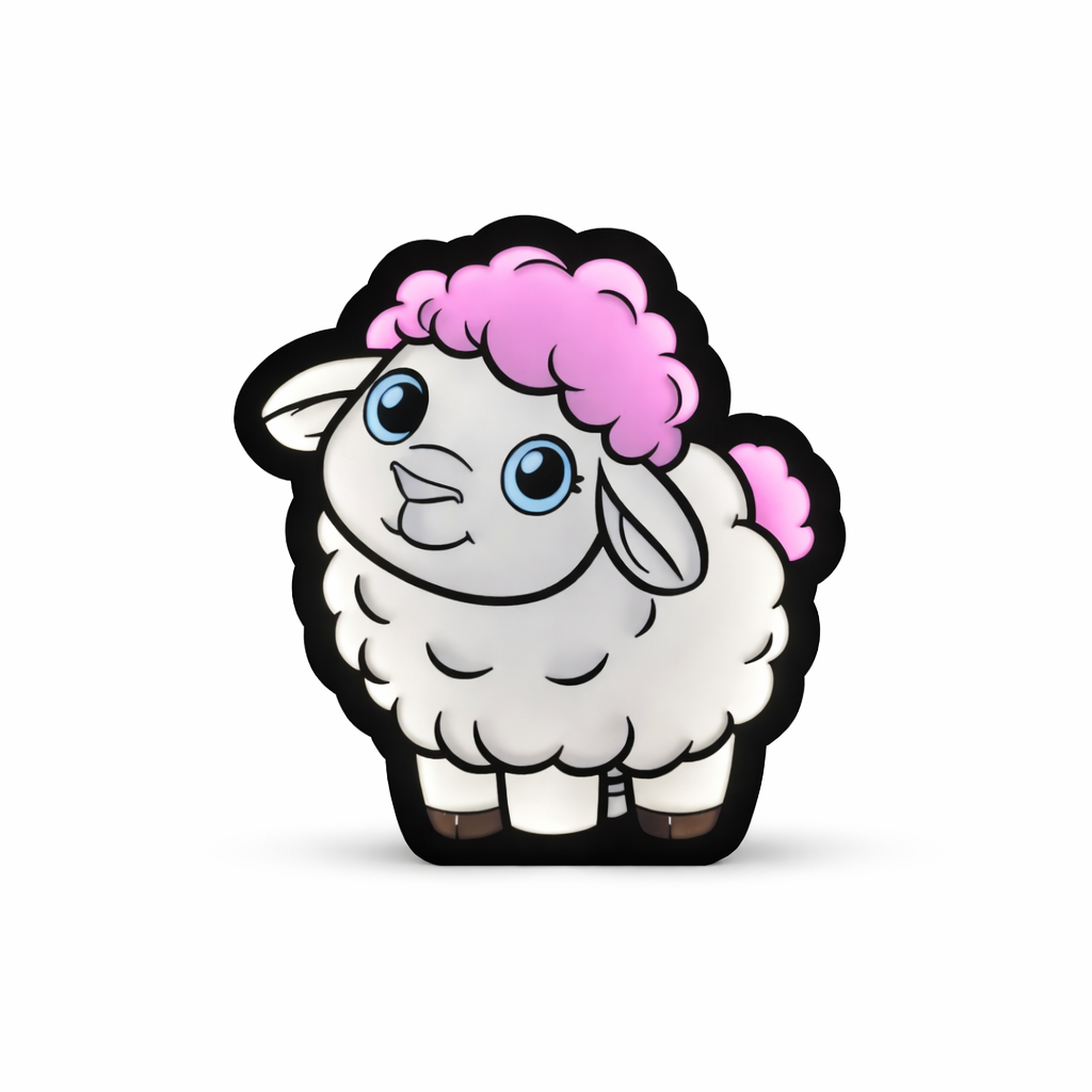Cartoon sheep with pink hair on a white background
