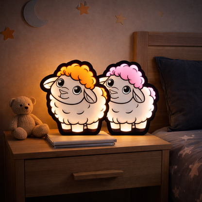 Two cartoon sheep night lights on a wooden nightstand with a teddy bear and tablet in a bedroom setting.