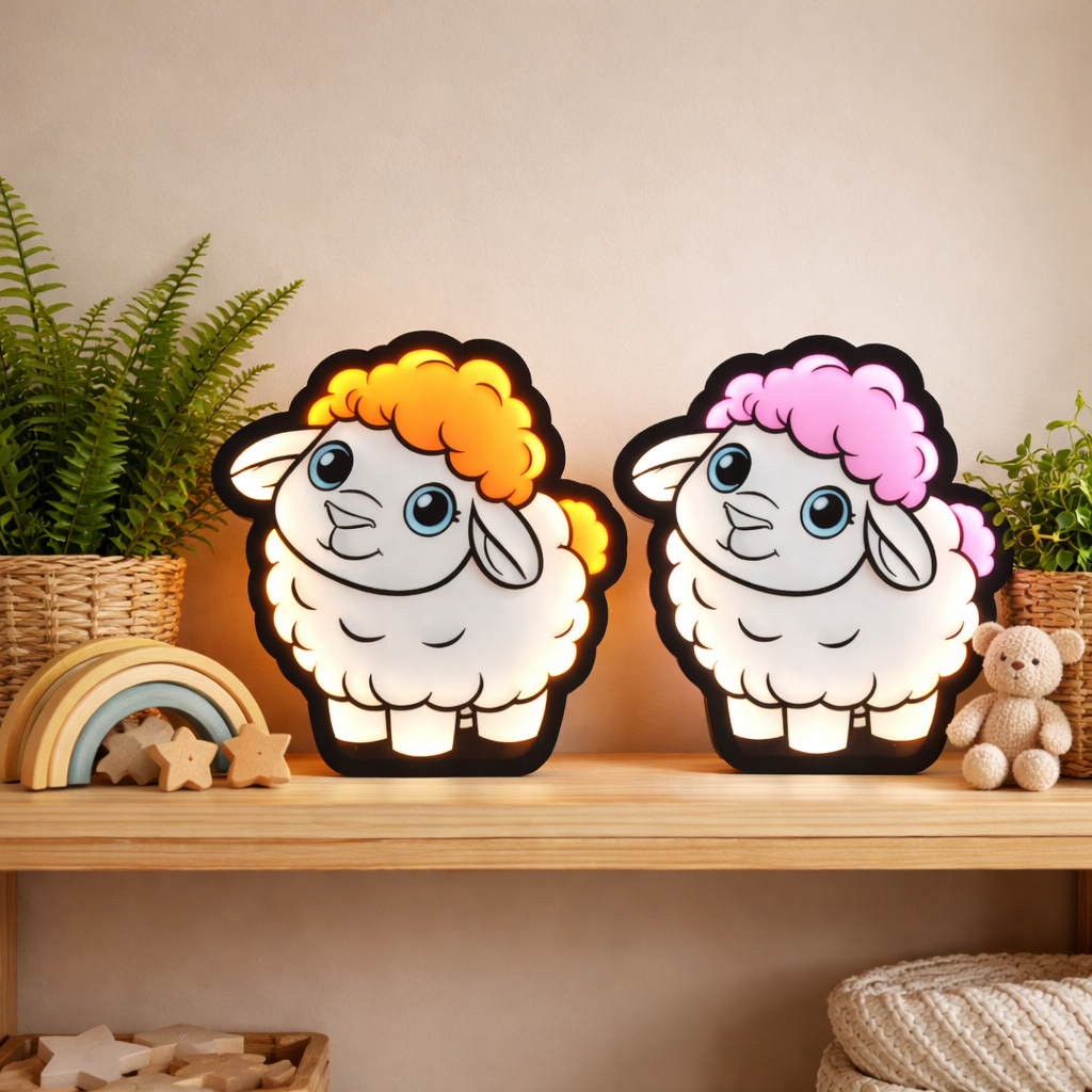 Two cartoon sheep night lights on a shelf with decorative items.