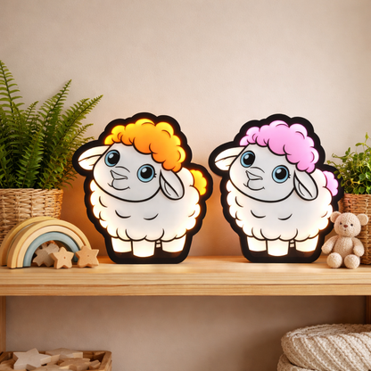 Two cartoon sheep night lights on a shelf with decorative items.