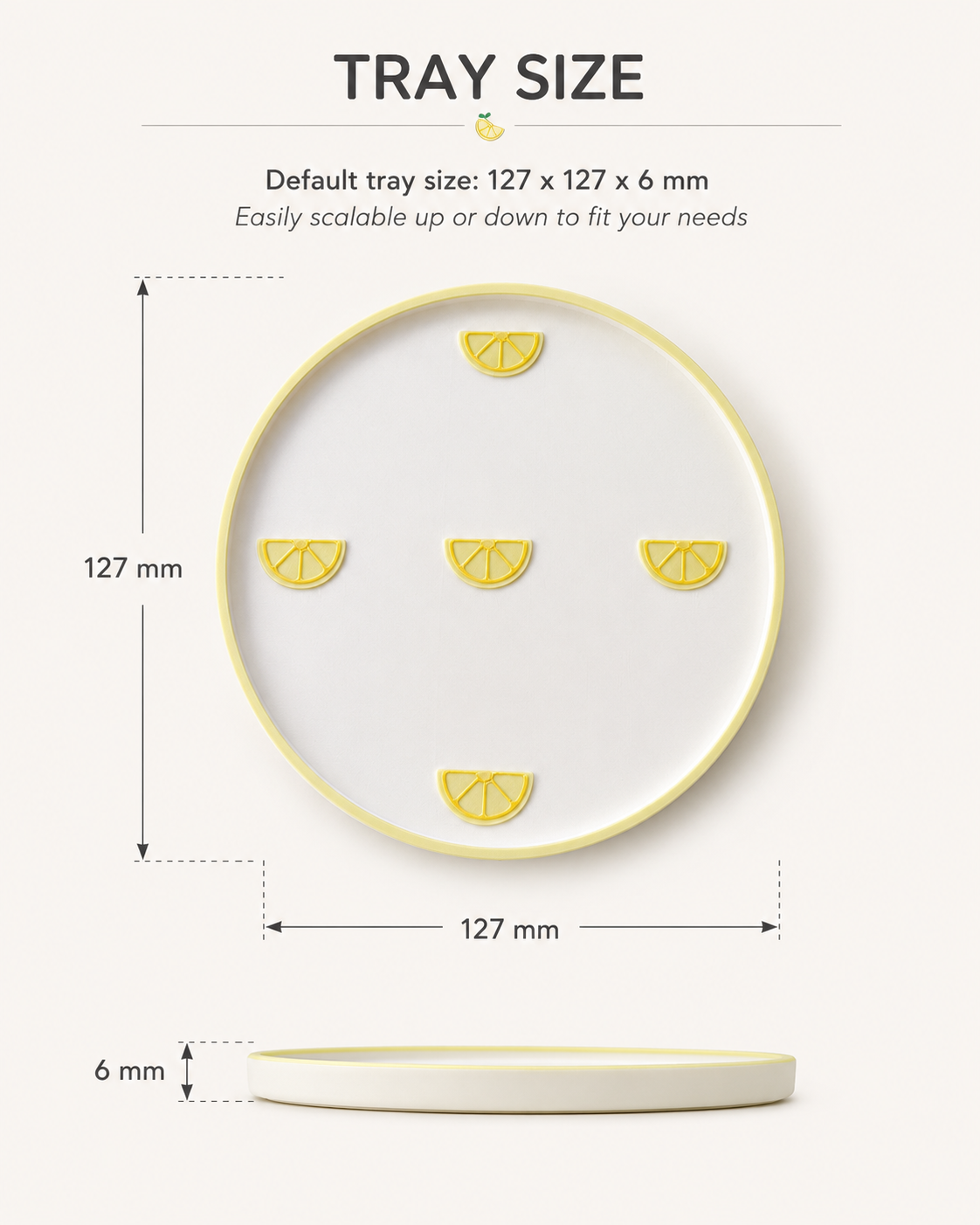 Fruit motif decorative tray size guide showing the lemon design and tray dimensions
