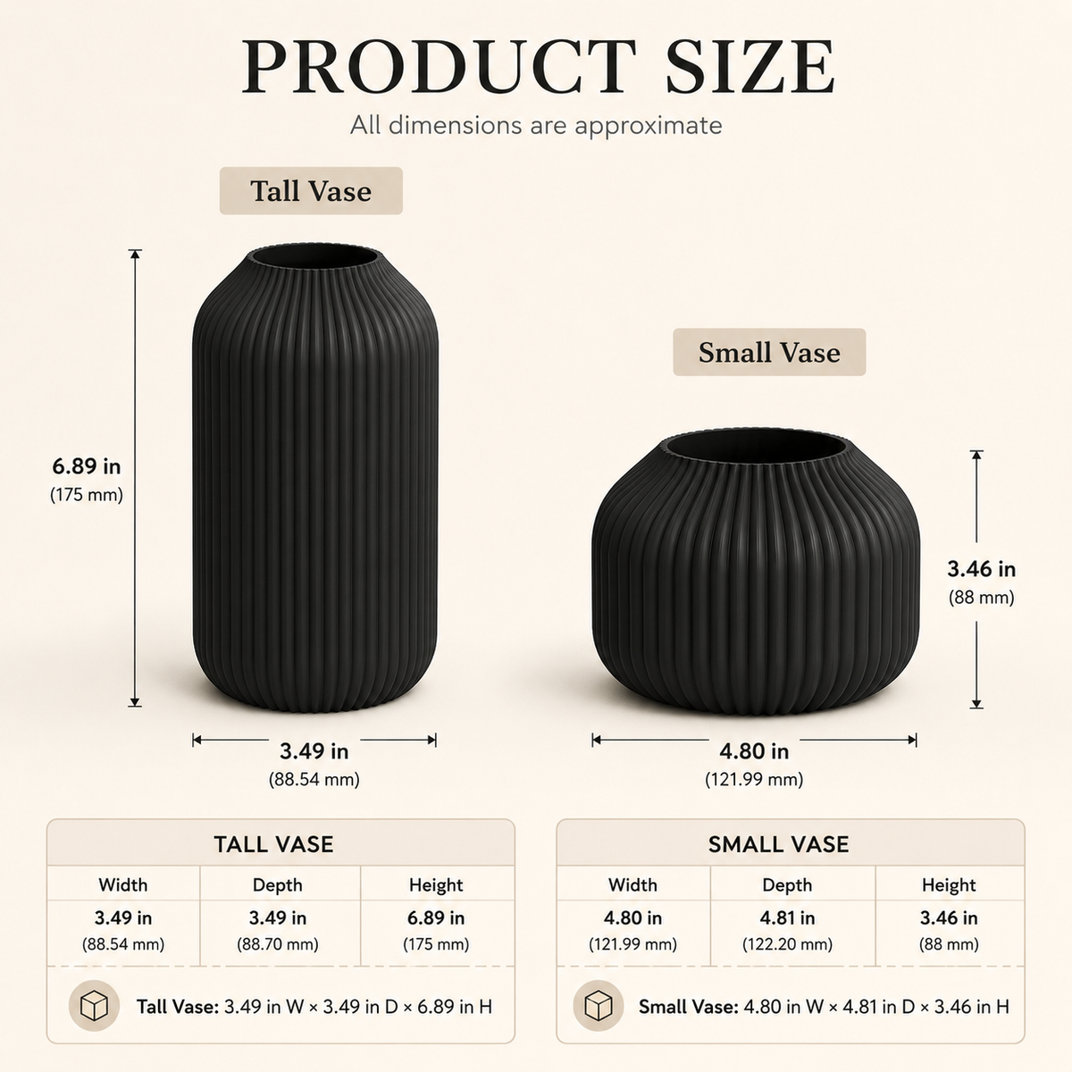 Product size chart showing two ribbed vases, a tall black vase and a smaller black vase, with approximate dimensions and measurement tables on a light beige background.