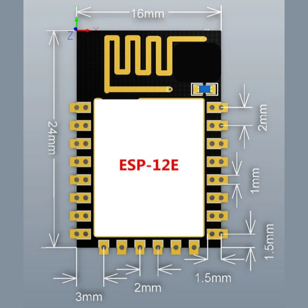 ESP-12E electronic module with dimensions on a gray background