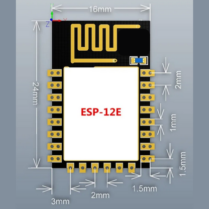 ESP-12E electronic module with dimensions on a gray background