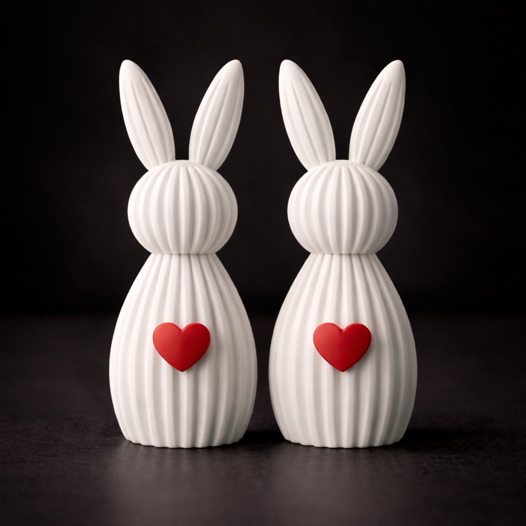 Two white rabbit-shaped vases with red hearts on a black background
