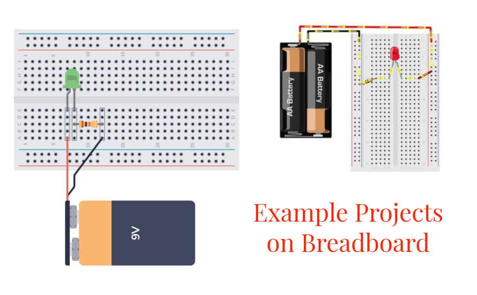 Breadboard with components and text 'Example Projects on Breadboard' on a white background
