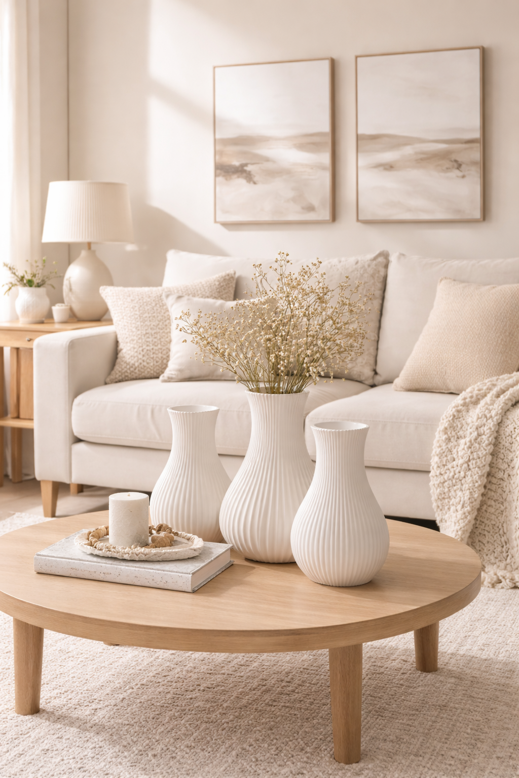 Living room with a beige sofa, wooden coffee table, and decorative vases.