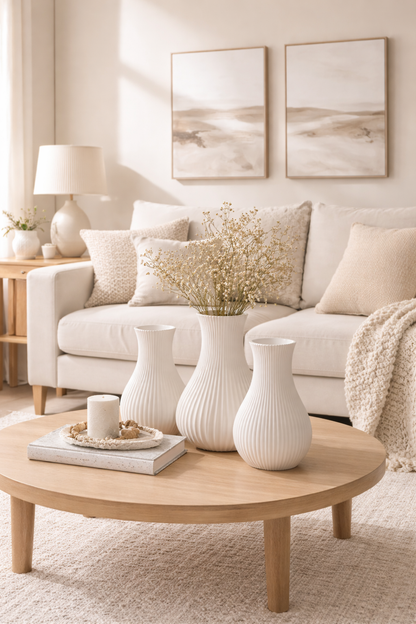 Living room with a beige sofa, wooden coffee table, and decorative vases.