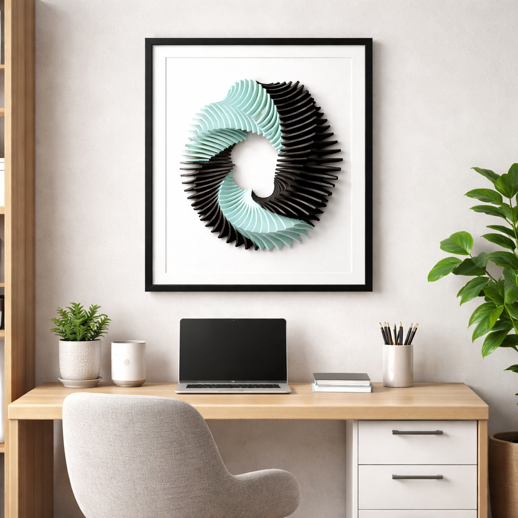 Modern office setup with a desk, chair, laptop, and decorative wall art.