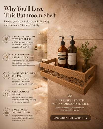 A bathroom shelf organizer made of woven wicker with a slatted back, shown holding three pump bottles and a small plant in a warm beige bathroom. The image includes marketing text highlighting premium 3D printed finish, clean modern look, smart double-layer storage, and space-saving wall-mounted design.