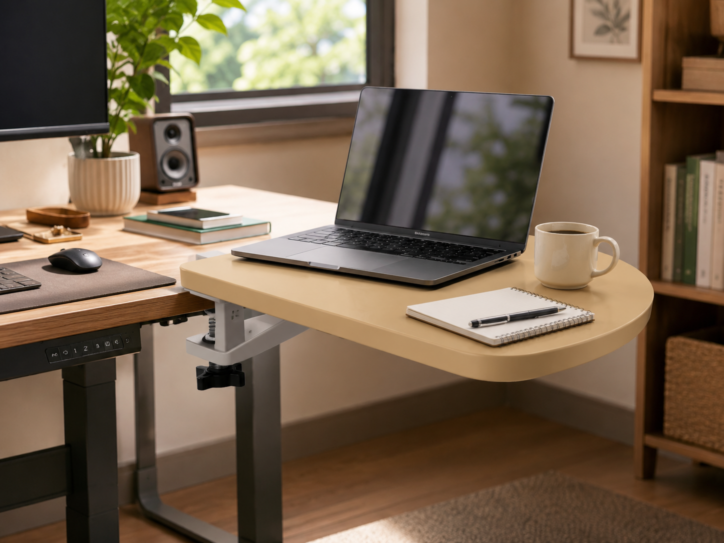 Space-saving clamp-on desk extension that adds extra desk space without floor support