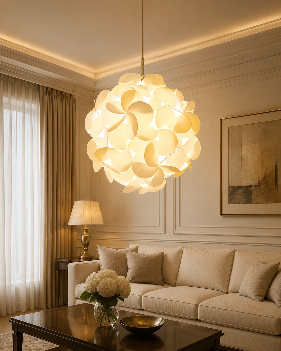 Modern living room with a decorative ceiling light fixture, beige sofa, and coffee table.