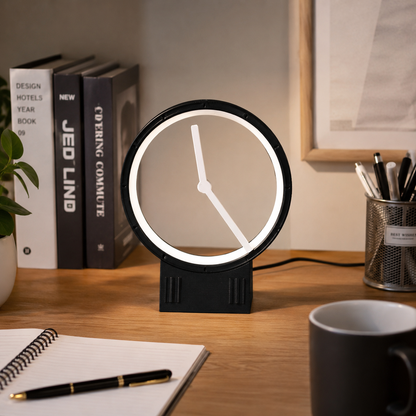 A modern round desk lamp with a black frame and base, featuring a glowing white LED ring and white hands, placed on a wooden desk next to books, a notebook, and a mug.