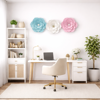 Home office with a desk, chair, and decorative wall flowers.