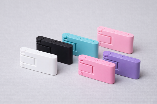 Set of colorful rectangular devices on a light gray background