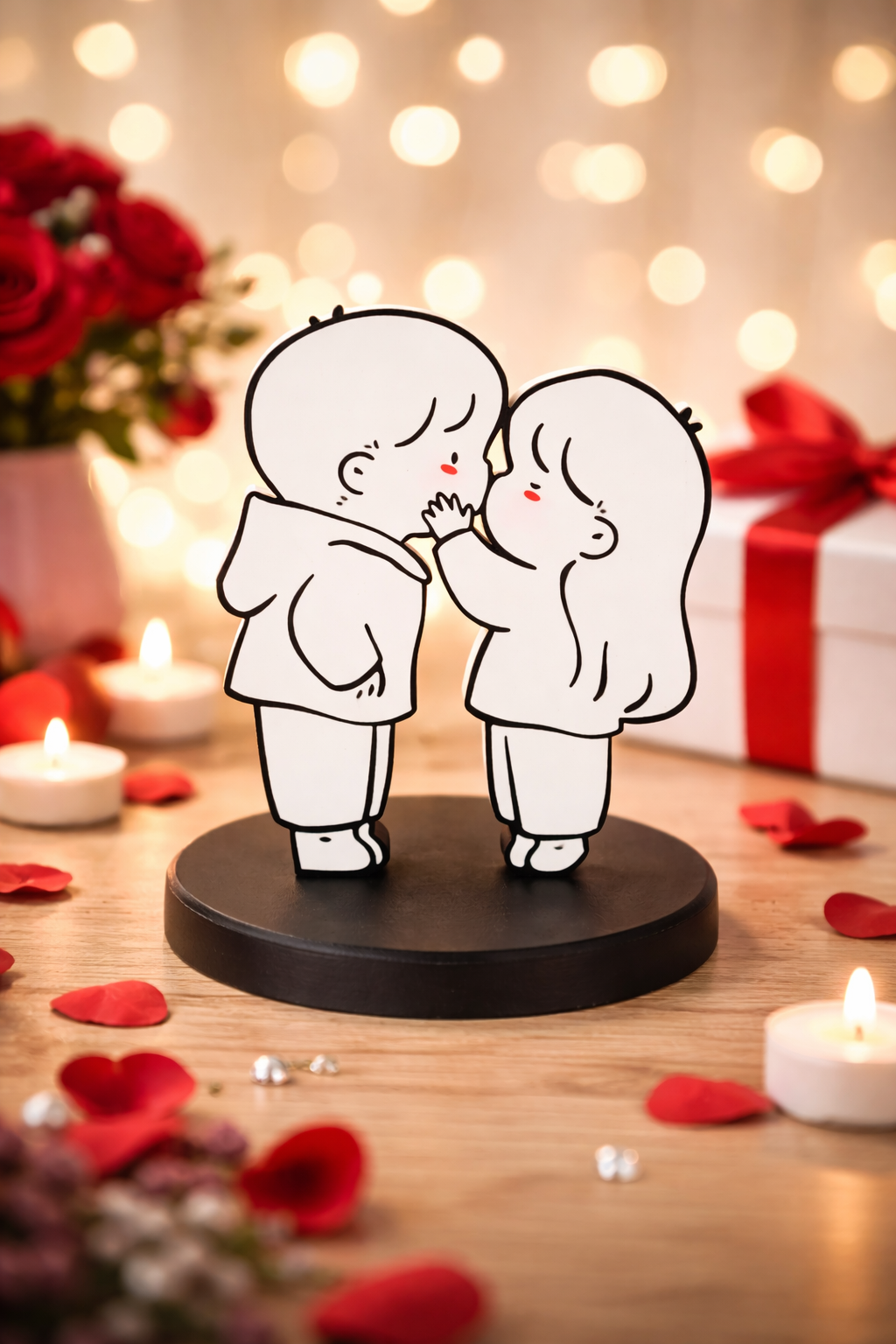 Decorative figurine of two people embracing on a wooden surface with candles and flowers in the background.