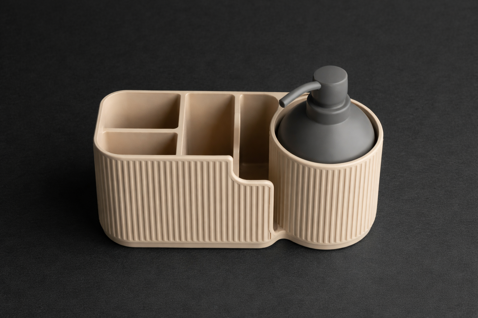 Beige caddy with compartments and a gray bottle on a black background