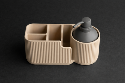 Beige caddy with compartments and a gray bottle on a black background