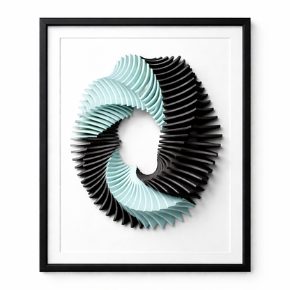 Framed abstract art piece with black and light blue concentric circles on a white background