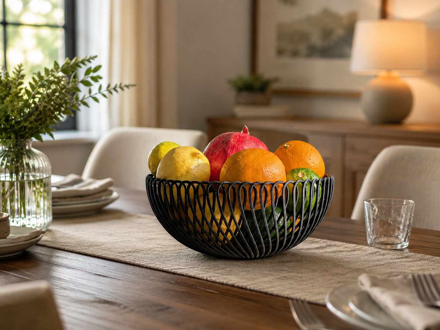 A black wire bowl filled with fresh fruits, including an orange, pomegranate, and yellow citrus, placed on a dining table runner in a warm, softly lit dining room.