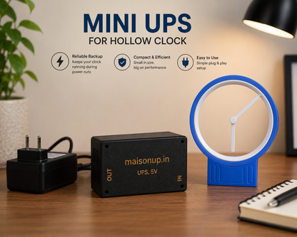Futuristic hollow desk clock with floating-style white hands and approximate dimensions for tabletop placement.