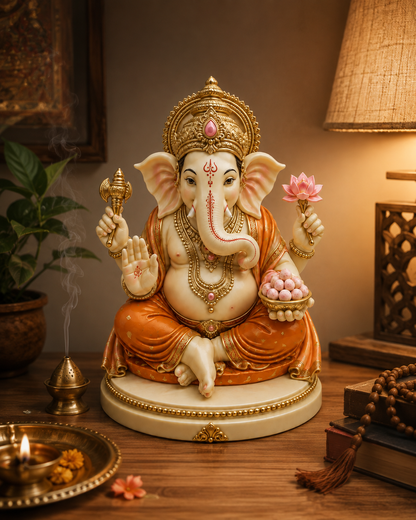 A decorative Ganesha statue seated on a wooden table in a warmly lit room. The statue is cream-colored with gold ornaments, an orange draped garment, and holds a lotus flower and a mace.