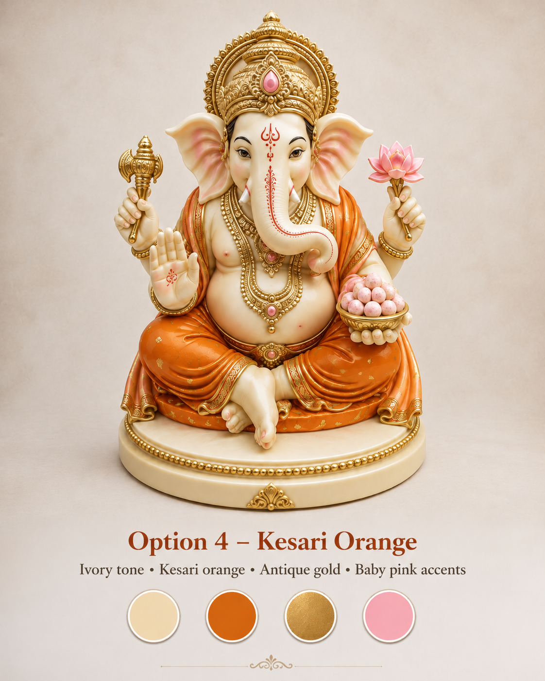 A decorative Ganesha statue shown front-facing on a plain beige background, with text below reading 'Option 4 - Kesari Orange' and four color swatches. The statue is ivory-toned with prominent orange drapery, gold ornamental detailing, and small pink accents including a lotus flower and cheeks.