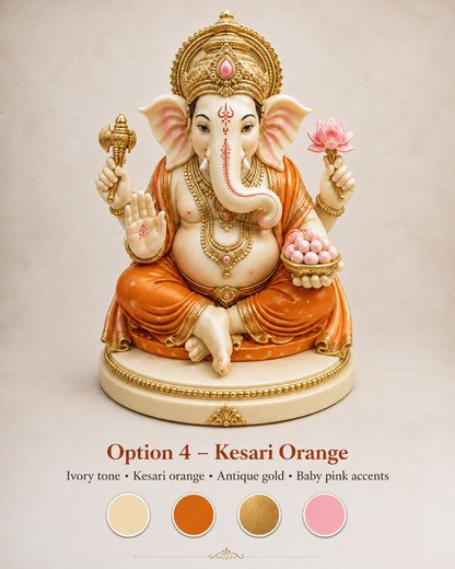 A decorative Ganesha statue shown front-facing on a plain beige background, with text below reading 'Option 4 - Kesari Orange' and four color swatches. The statue is ivory-toned with prominent orange drapery, gold ornamental detailing, and small pink accents including a lotus flower and cheeks.