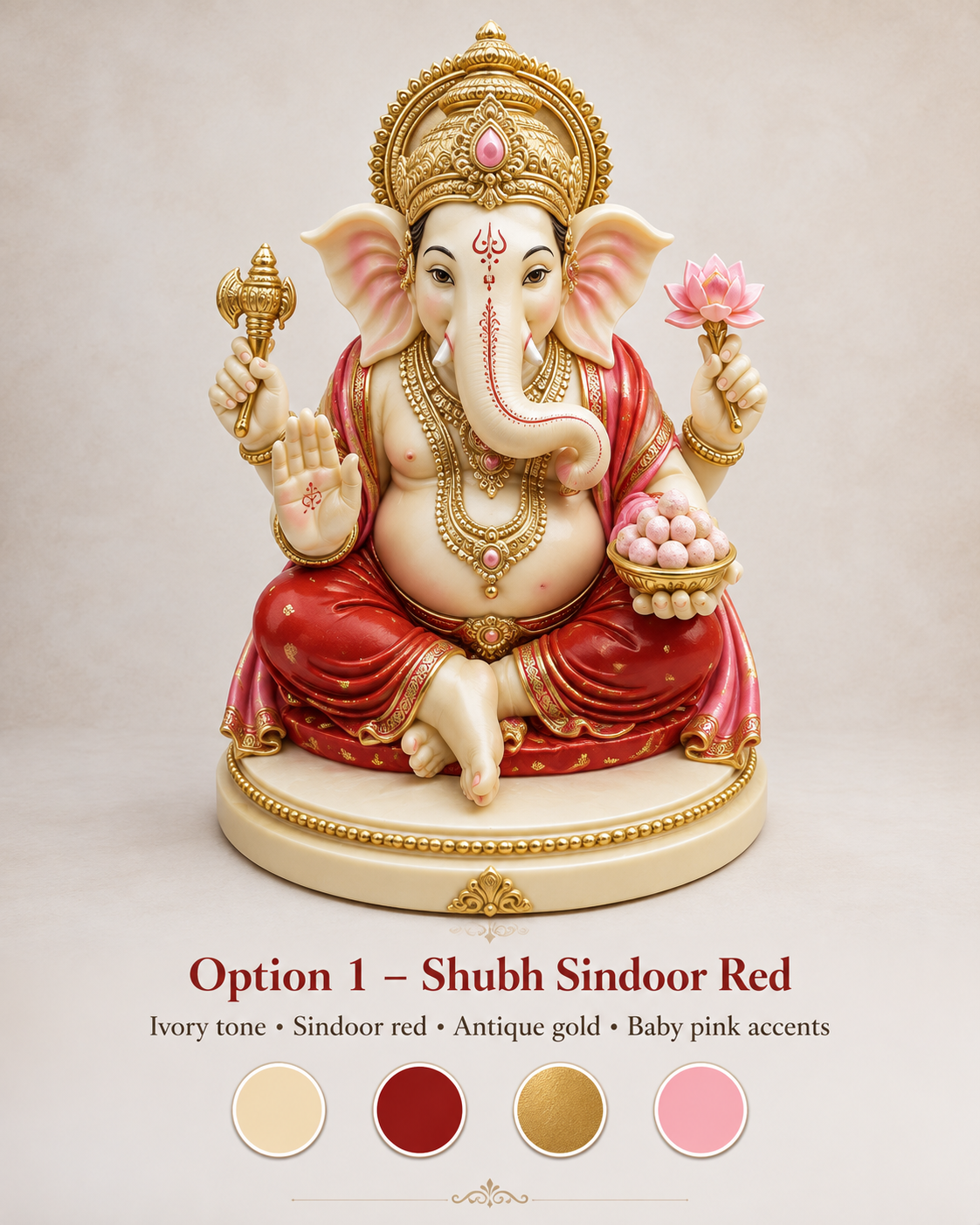 A decorative statue of Ganesha shown seated on a pedestal with text below reading 'Option 1 - Shubh Sindoor Red' and color callouts. The statue is ivory/cream with prominent red drapery, gold ornamental detailing, and small pink accents including a lotus flower and facial markings.
