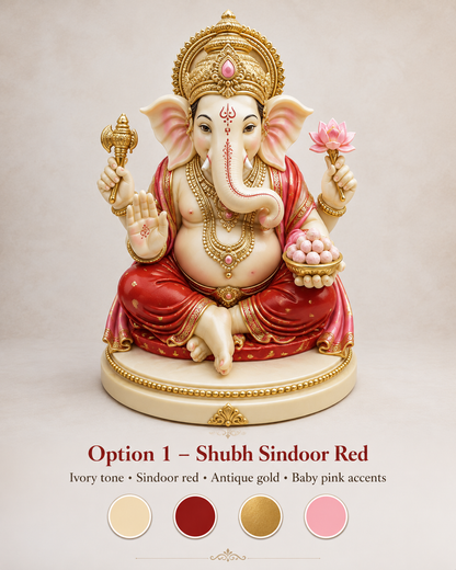 A decorative statue of Ganesha shown seated on a pedestal with text below reading 'Option 1 - Shubh Sindoor Red' and color callouts. The statue is ivory/cream with prominent red drapery, gold ornamental detailing, and small pink accents including a lotus flower and facial markings.