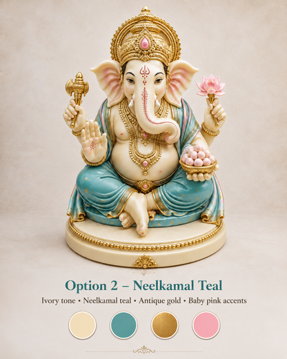 A decorative Ganesha statue shown against a soft beige studio background, with text below reading 'Option 2 - Neelkal Teal' and small color swatches. The statue is seated on a cream base, wearing teal-blue draped clothing with gold detailing and pink accents.