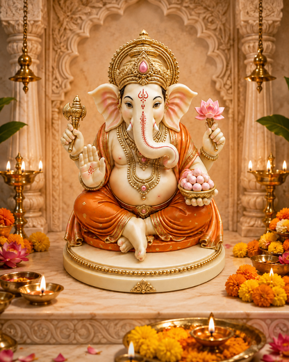 A decorative Ganesha statue seated on a pedestal in a temple-like setting, with gold-toned ornaments, pink lotus flowers, marigold flowers, and lit oil lamps around it.