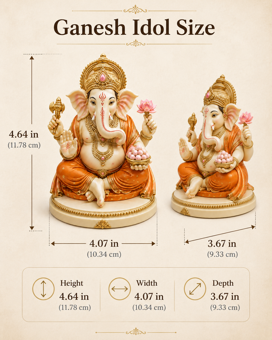 A size comparison chart for a Ganesh idol, showing two views of the statue with labeled dimensions for height, width, and depth on a beige background.