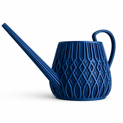 Blue watering can with geometric pattern on a white background