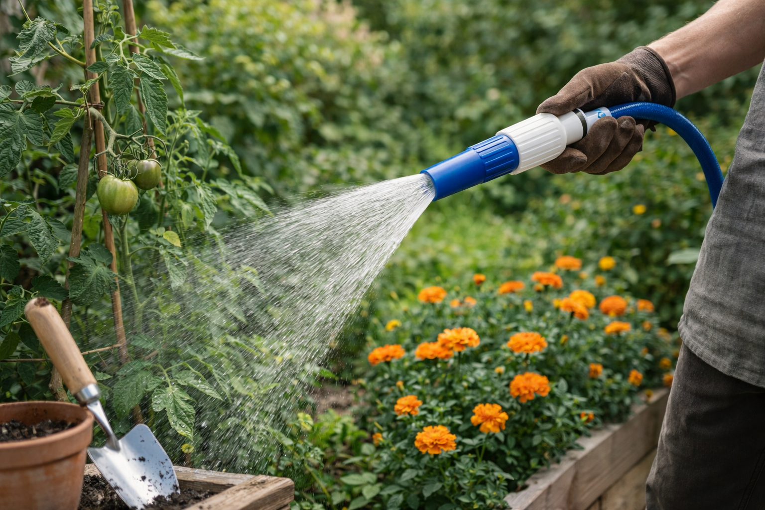Person watering plants in a garden with a hose