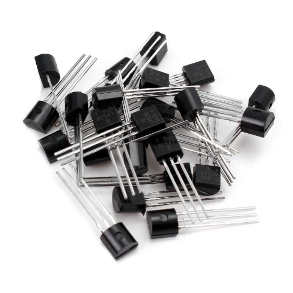 Collection of electronic transistors on a white background