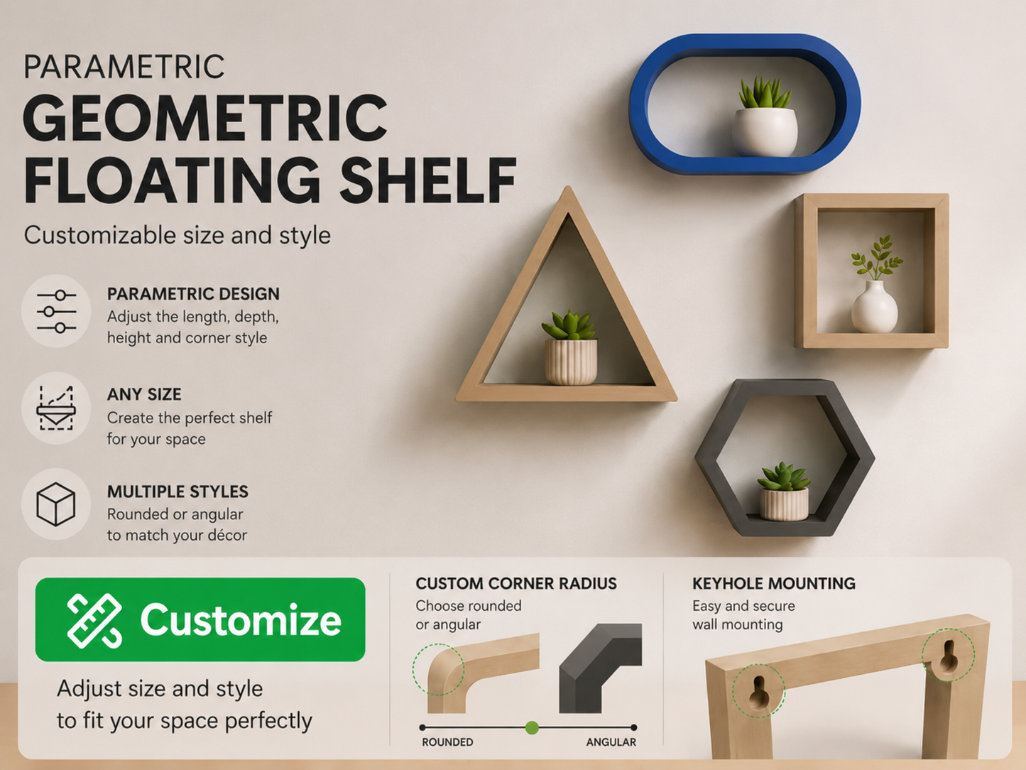 Promotional graphic for parametric geometric floating shelves, showing several shelf styles in blue, brown, and dark gray mounted on a beige wall, with text explaining customization, size adjustability, and keyhole mounting.
