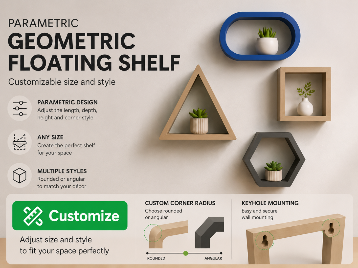 Promotional graphic for parametric geometric floating shelves, showing several shelf styles in blue, brown, and dark gray mounted on a beige wall, with text explaining customization, size adjustability, and keyhole mounting.