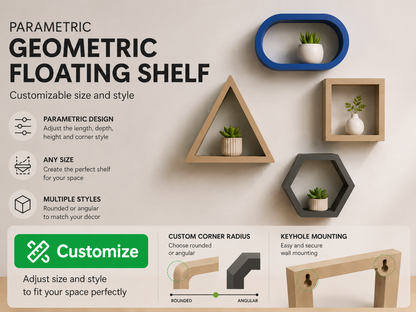 Promotional graphic for parametric geometric floating shelves, showing several shelf styles in blue, brown, and dark gray mounted on a beige wall, with text explaining customization, size adjustability, and keyhole mounting.
