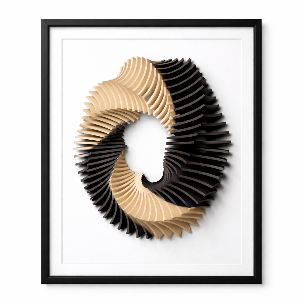 Framed abstract art piece with wavy, layered design in black and gold on a white background
