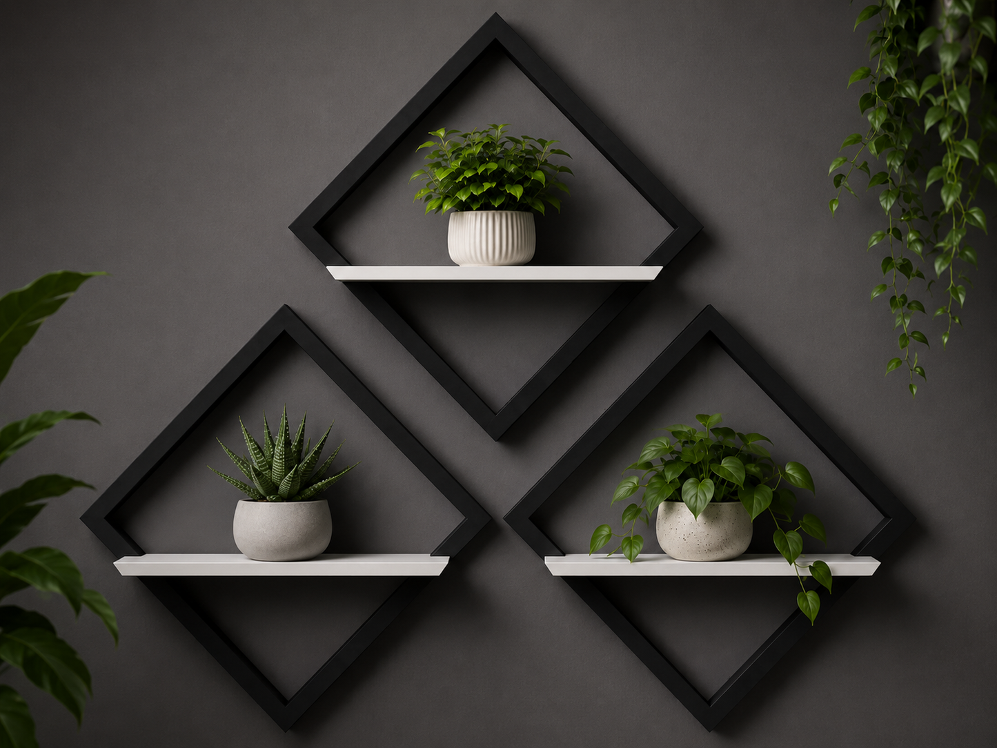 Black geometric wall shelves with white shelves holding potted plants against a dark gray wall.